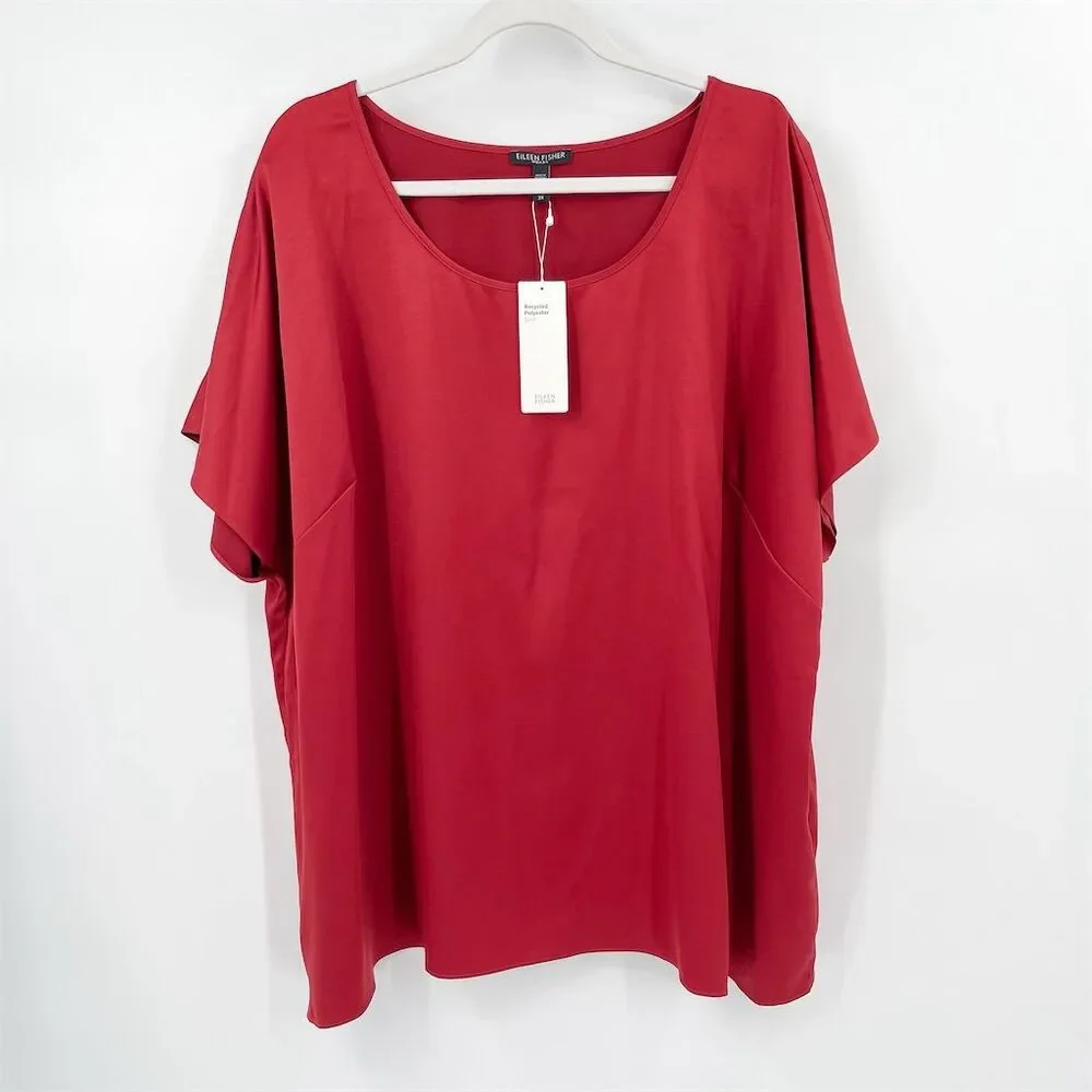 Eileen Fisher Recycled Polyester Satin Box Top Plus Size 2X Red Short Sleeve NWT